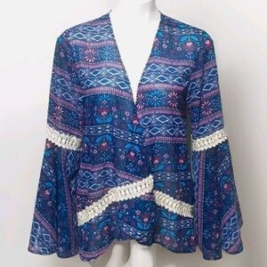 Espresso Open Front Flare Bell Sleeves Geometric Print Cover up Top